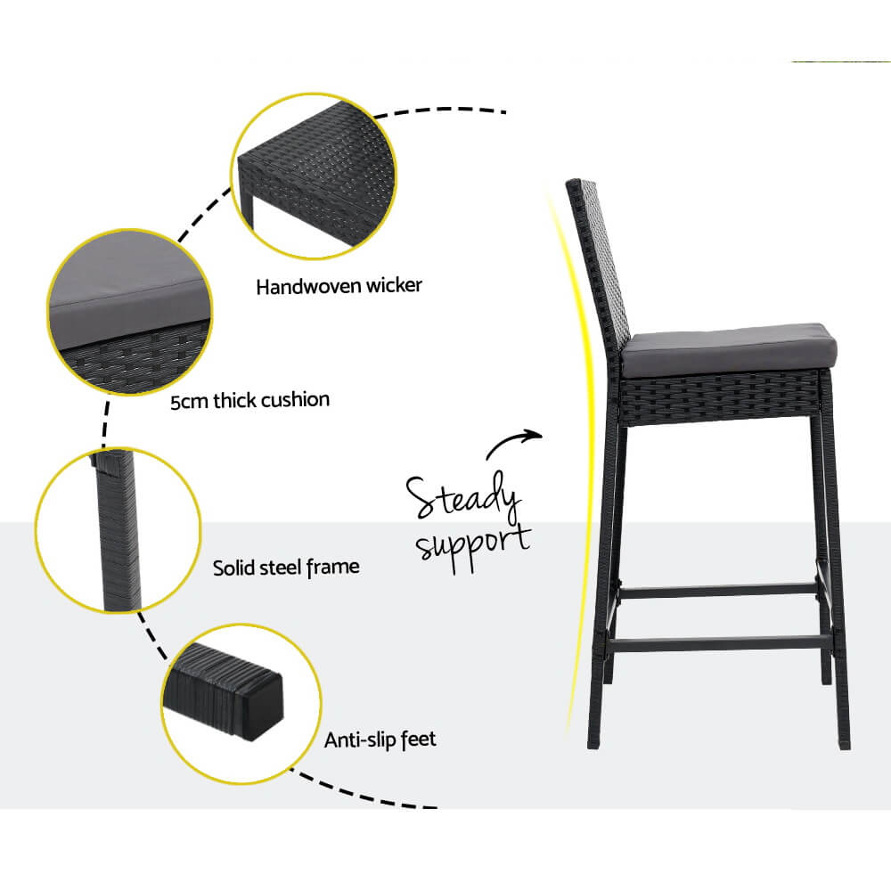 Whitehaven Baroosa | Coastal Black PE Wicker Outdoor Bar Stool Set | Black
