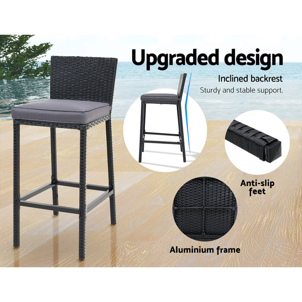Whitehaven Sanford | Coastal Black PE Wicker Outdoor Bar Stool Set | Black