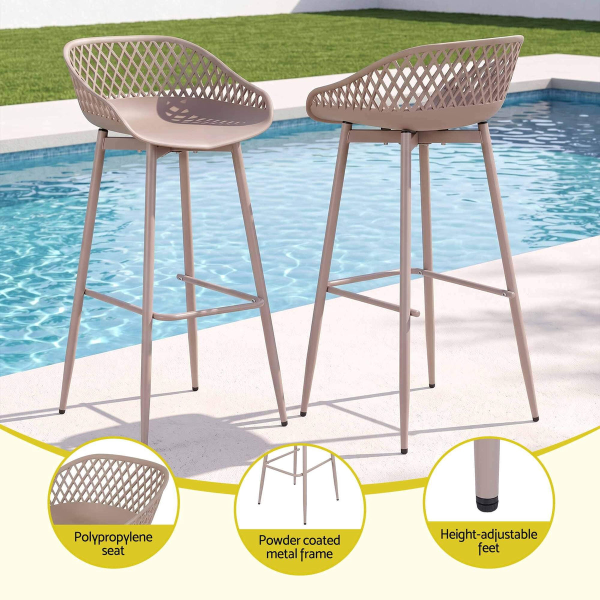 Whitsunday | Plastic Metal Outdoor Bar Stools | Set Of 4 | Beige