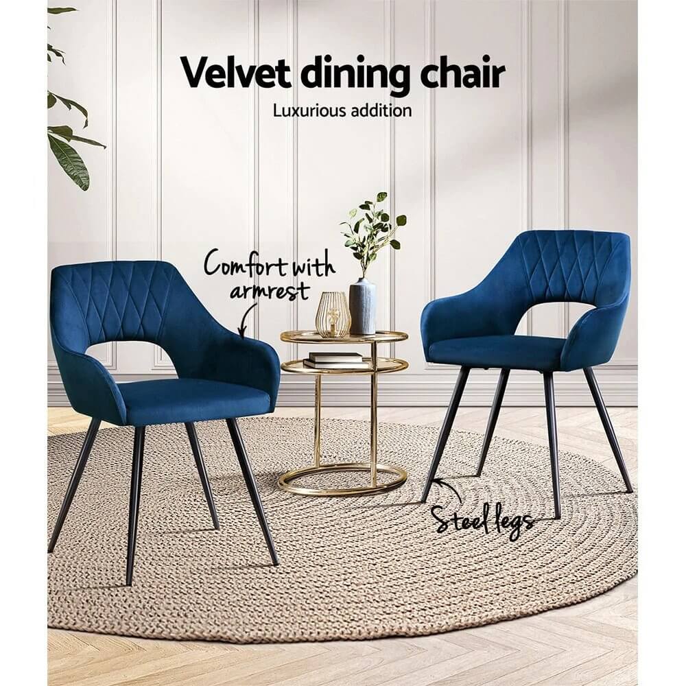 Amandari | Modern Velvet Dining Chairs With Arms | Set Of 2 | Blue