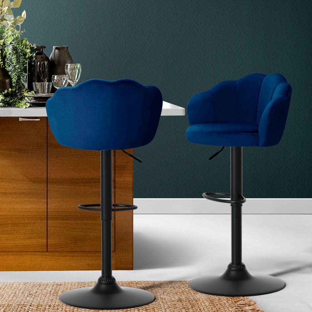 Ambrose | Modern Metal Velvet Swivel Bar Stools | Set Of 2 | Blue