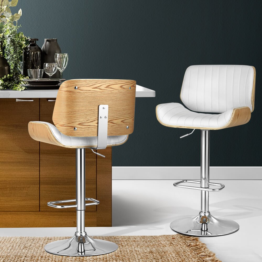 Astra | Contemporary Swivel Wooden White PU Leather Bar Stools | Set of 2 | White