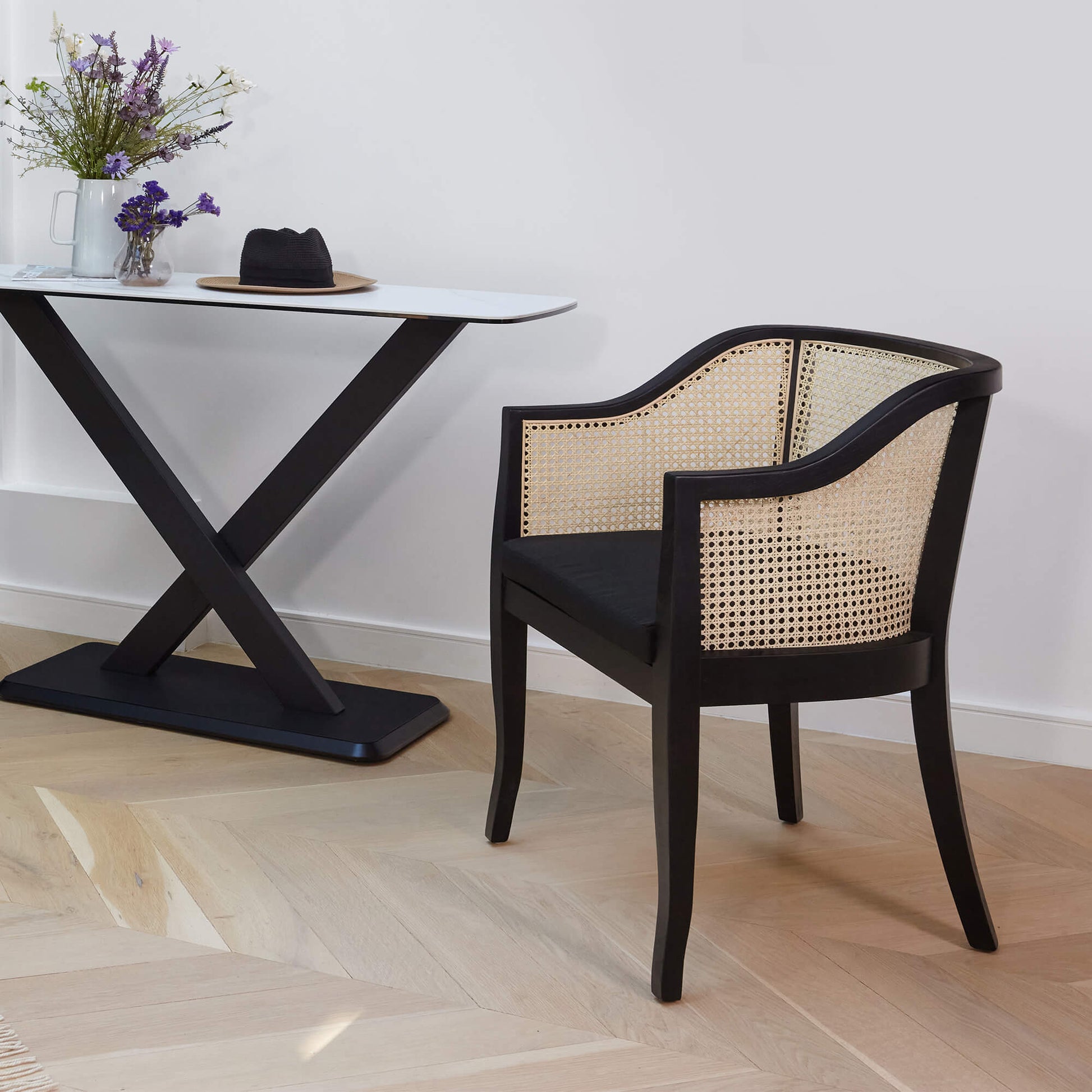 Botanica | Contemporary Black Rattan Dining Chair With Arms | Black