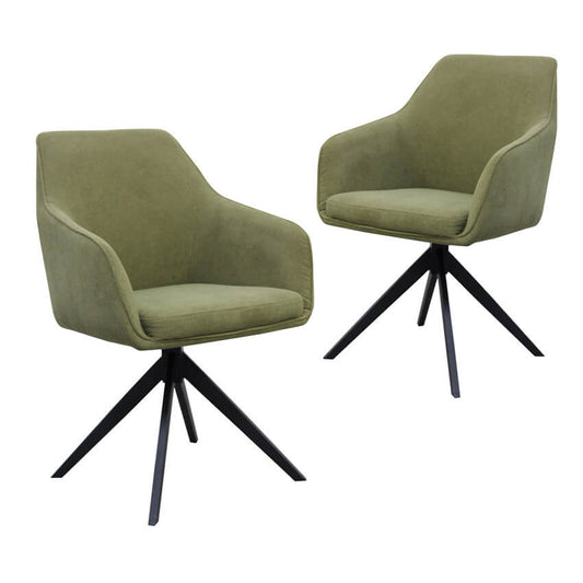 Clements | Olive Fabric Black Eco Leather Swivel Dining Chairs With Arms | Set Of 2 | Olive Green