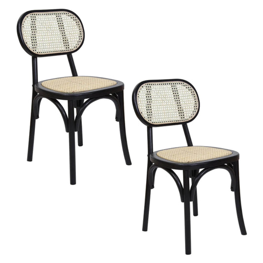 Denver | Black, Natural Country Wooden Rattan Dining Chairs | Set Of 2 | Black