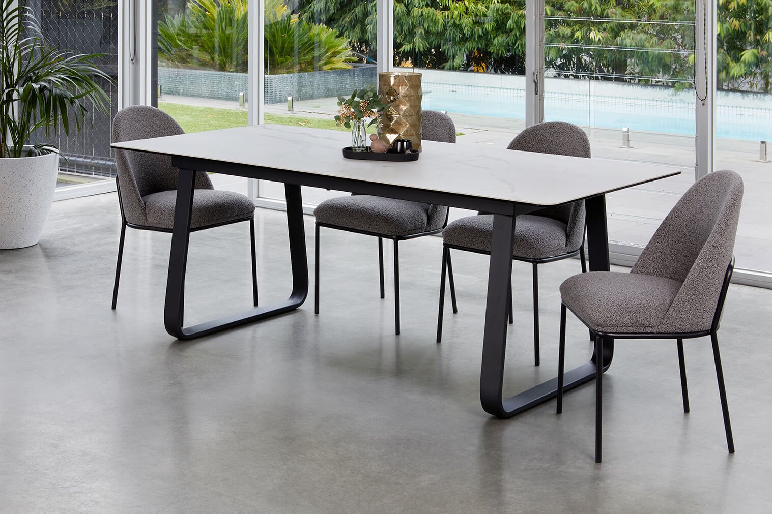 Eleanor | Metal Matte Ceramic Tempered Glass Rectangular Dining Table