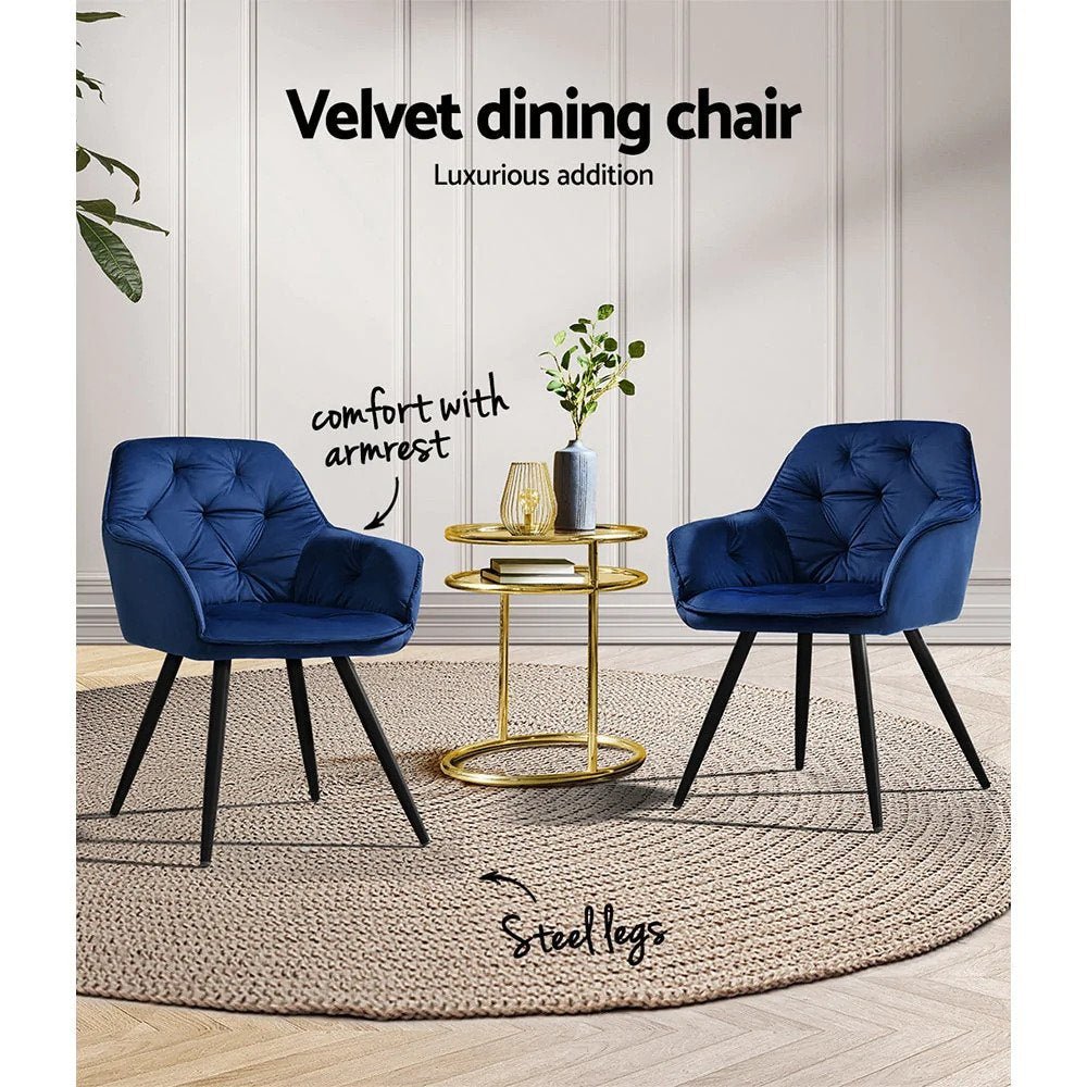 Kingscliff | Modern Velvet Dining Chairs With Arms | Set Of 2 | Blue