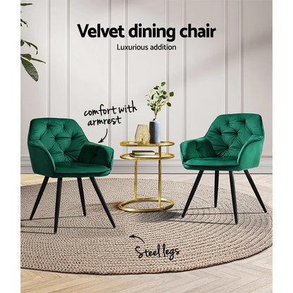 Kingscliff | Modern Velvet Dining Chairs With Arms | Set Of 2 | Green