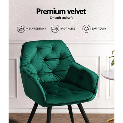 Kingscliff | Modern Velvet Dining Chairs With Arms | Set Of 2 | Green