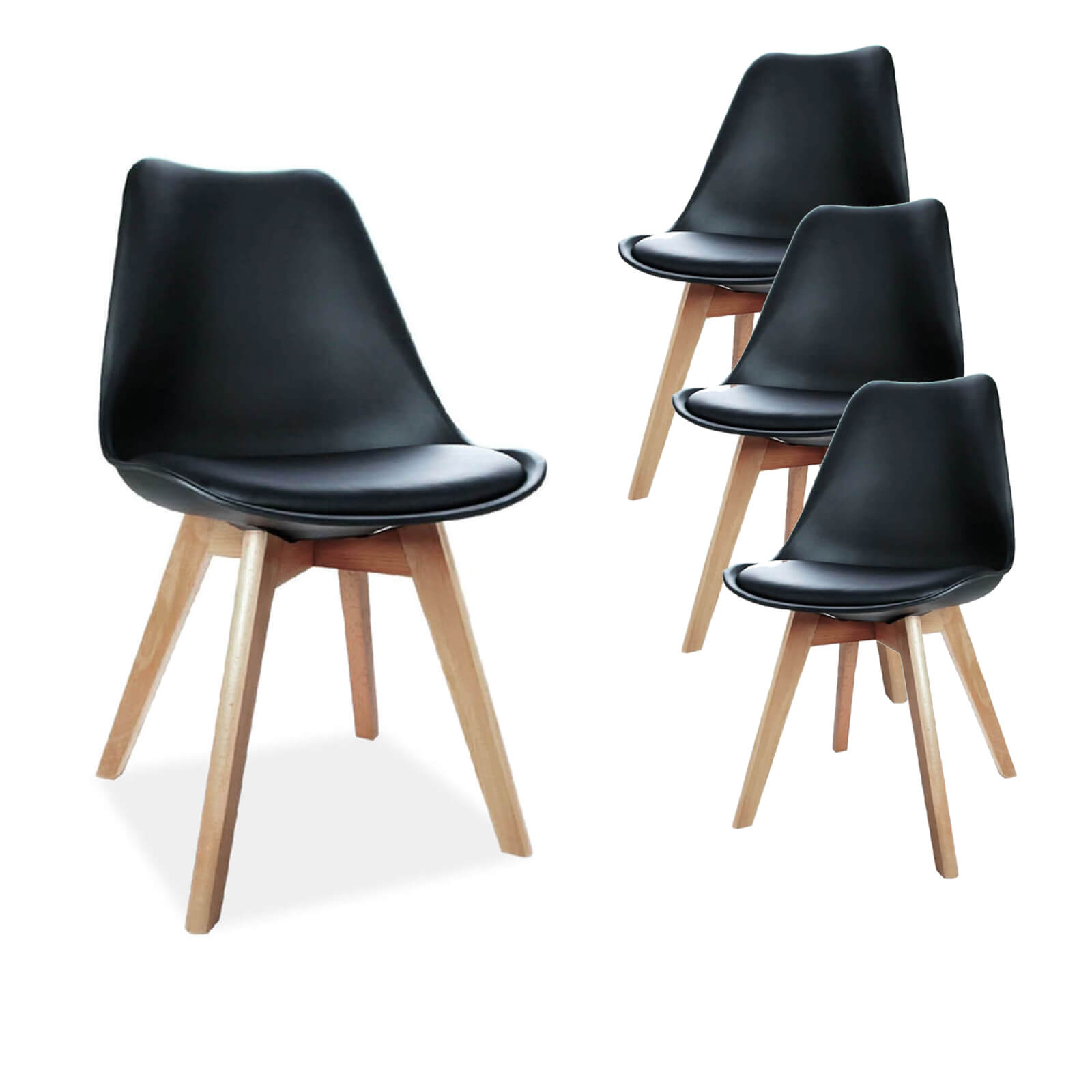 Minerva | Black, White, Grey, Plastic, PU Leather Padded, Scandinavian, Wooden Dining Chairs: Set of 4-Only Dining Chairs | Black