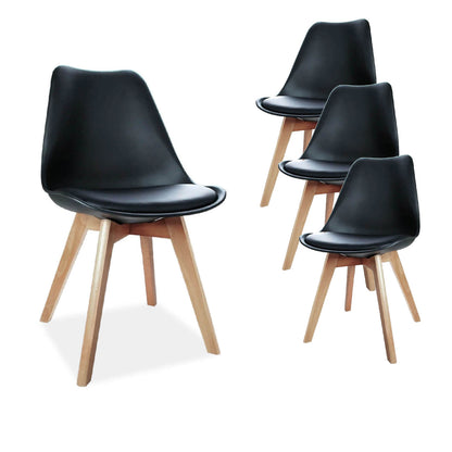 Minerva | Black, White, Grey, Plastic, PU Leather Padded, Scandinavian, Wooden Dining Chairs: Set of 4-Only Dining Chairs | Black