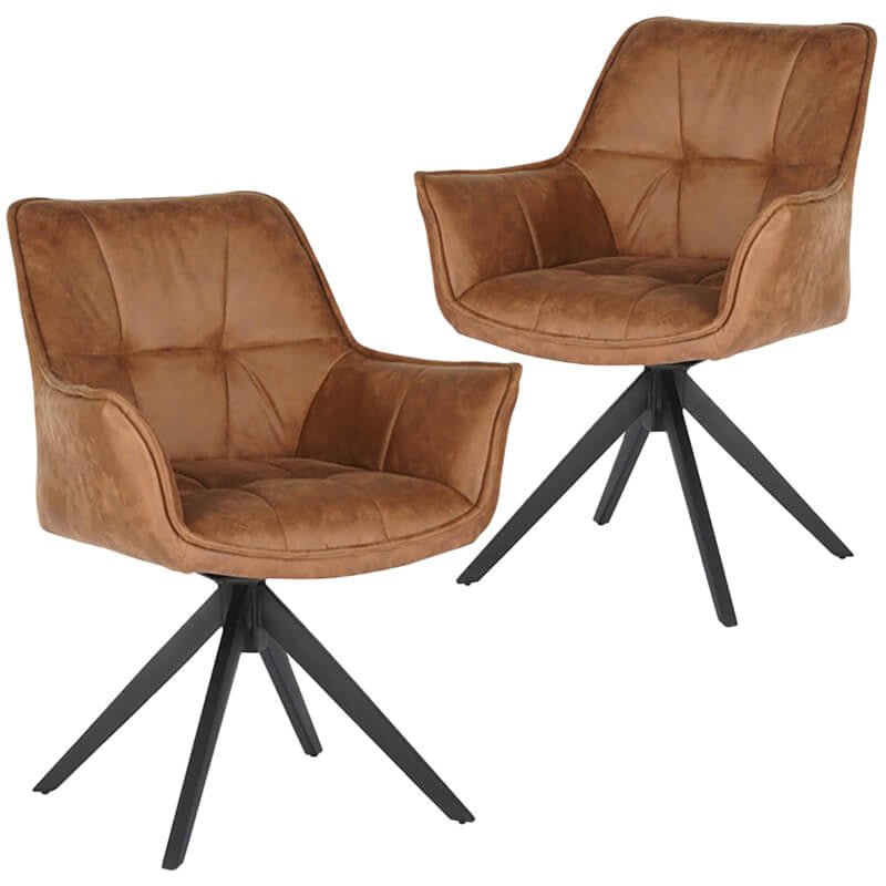 Monaco | Modern Swivel Ultra Suede Fabric Dining Chairs With Arms | Set Of 2 | Cognac
