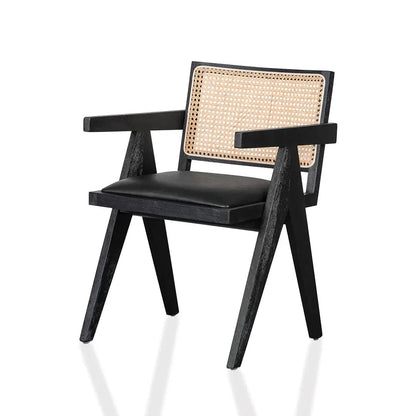 Oak View | Rattan PU Leather Wooden Dining Chair With Arms | Black