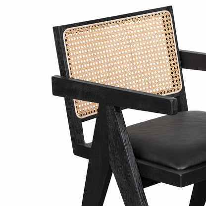 Oak View | Rattan PU Leather Wooden Dining Chair With Arms | Black