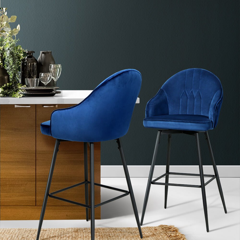 Preston | Modern Metal Blue Velvet Bar Stools | Set Of 2